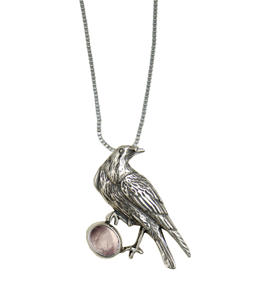 Sterling Silver Raven Pendant With Rose Quartz